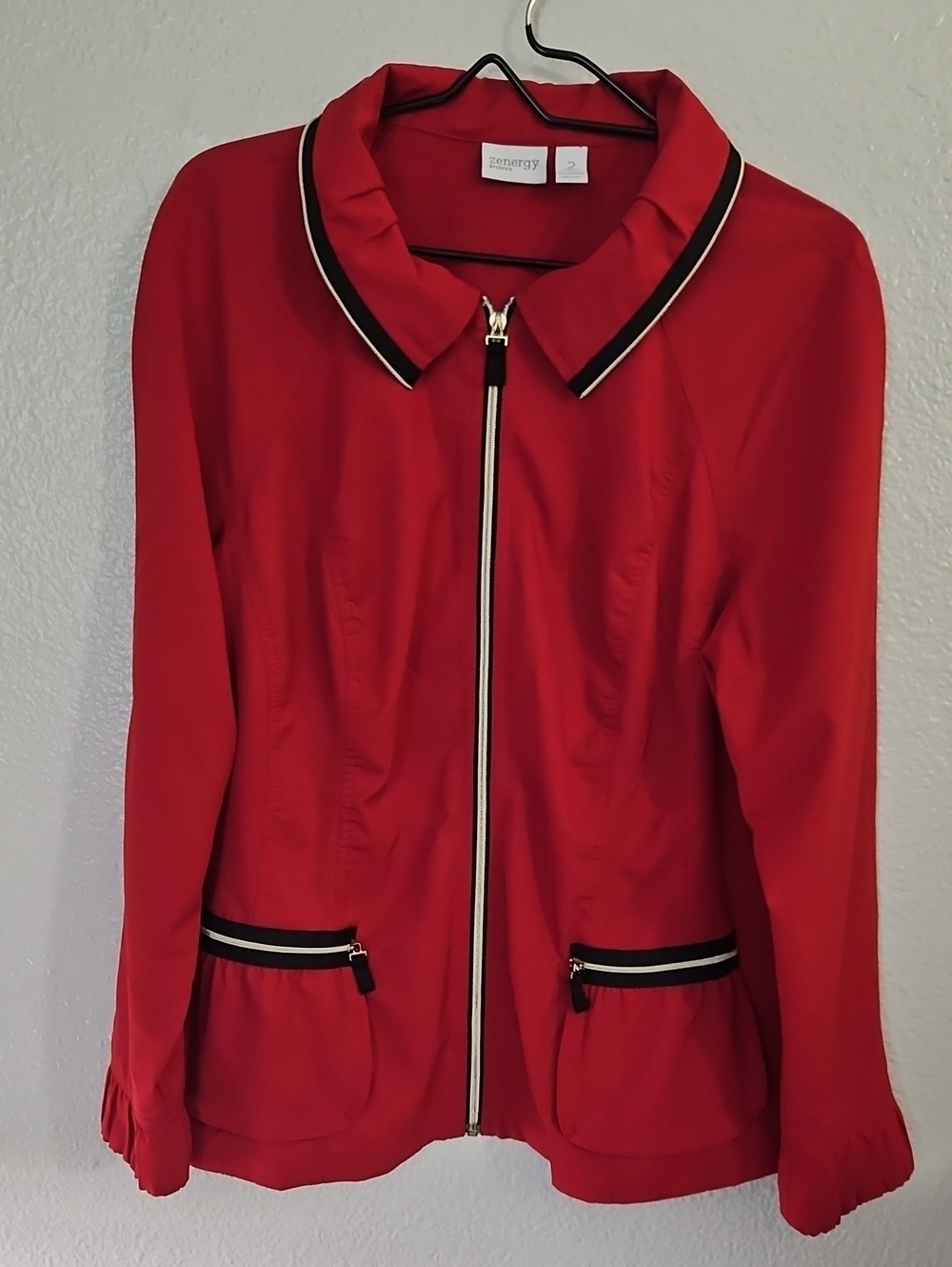 Chico's Zenergy Red Zip Front Track Jacket Trim Size 2 L EUC